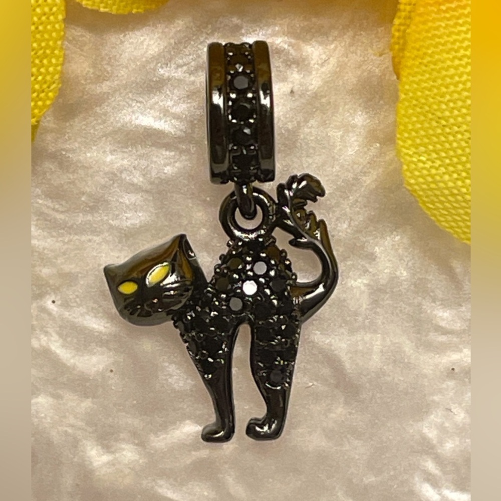 Bracelet Charm Black Spooky Cat with Yellow Eyes Sterling Silver